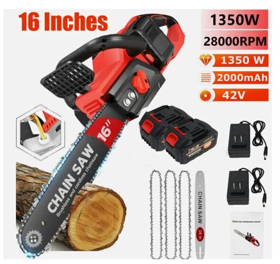 Galingas akumuliatorinis 16 colių grandininis pjūklas 2x198V  akumuliatoriais veikiančiais vienu metu